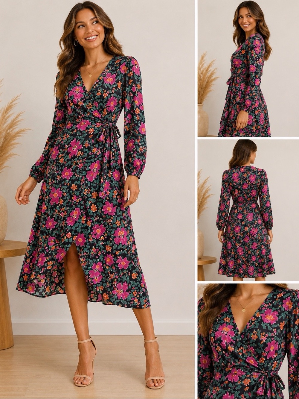 Topshop Floral Wrap Midi Dress Pink Green Long Sleeve Tie Waist US 2 Boho